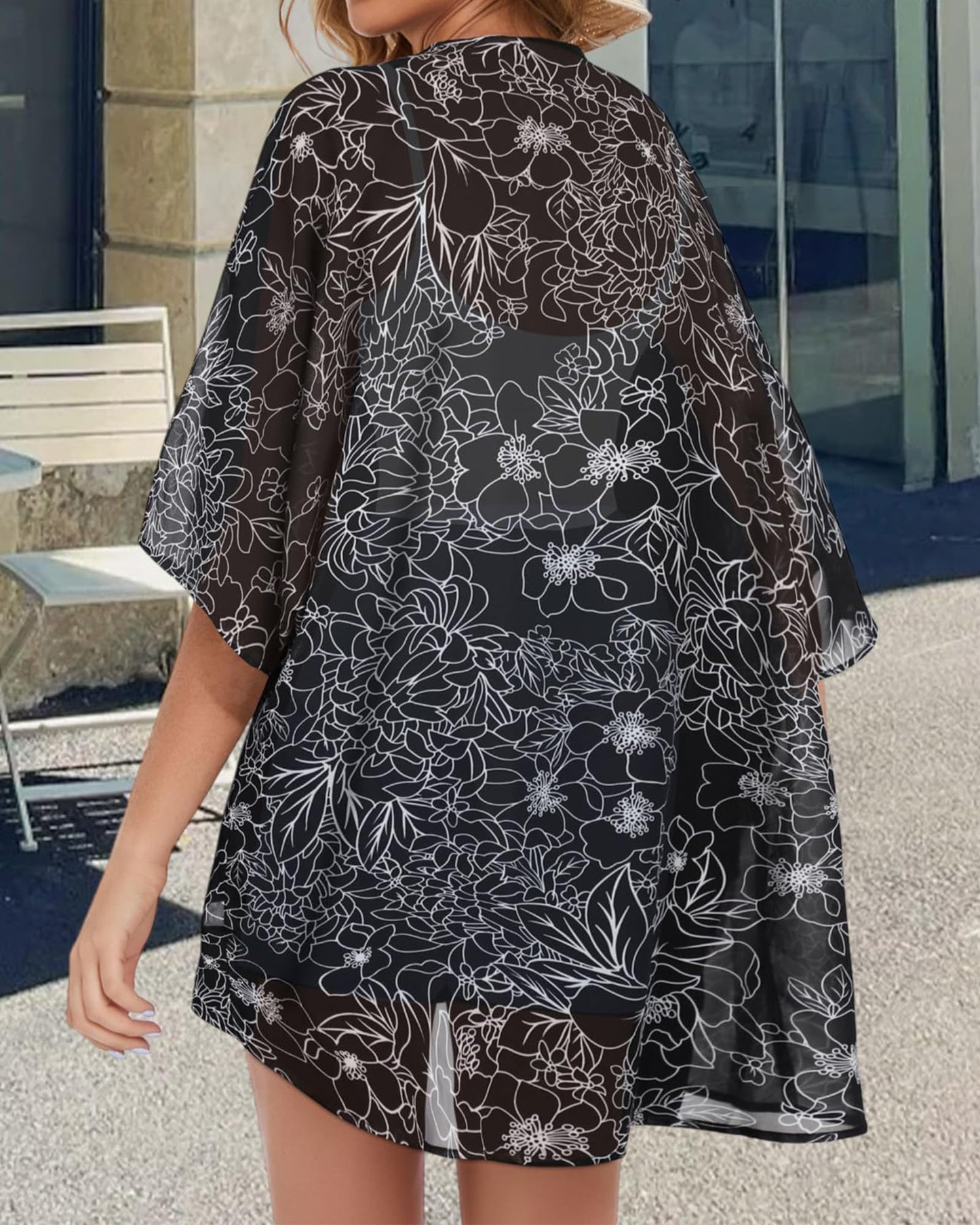 Womens Floral Kimono Cardigans Loose Puff Sleeve Casual Beach Coverups Tops (Black Brief Flowers,M)