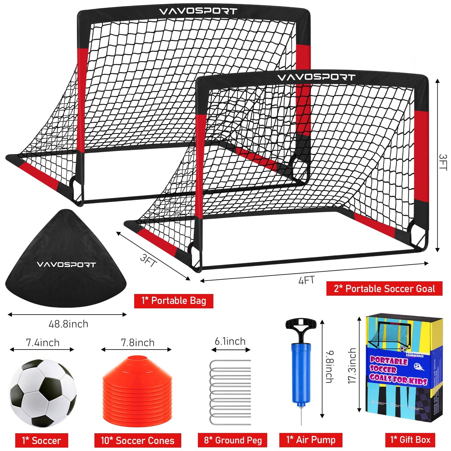 VAVOSPORT Kids Soccer Goals for Backyard, 2-Pack 4x3ft Portable Soccer Nets, Pop Up Mini Toddler Soccer Goal Set with Size 3 Ball, Cones & Pump for Ages 3-12, Indoor & Outdoor Practice Training Kit