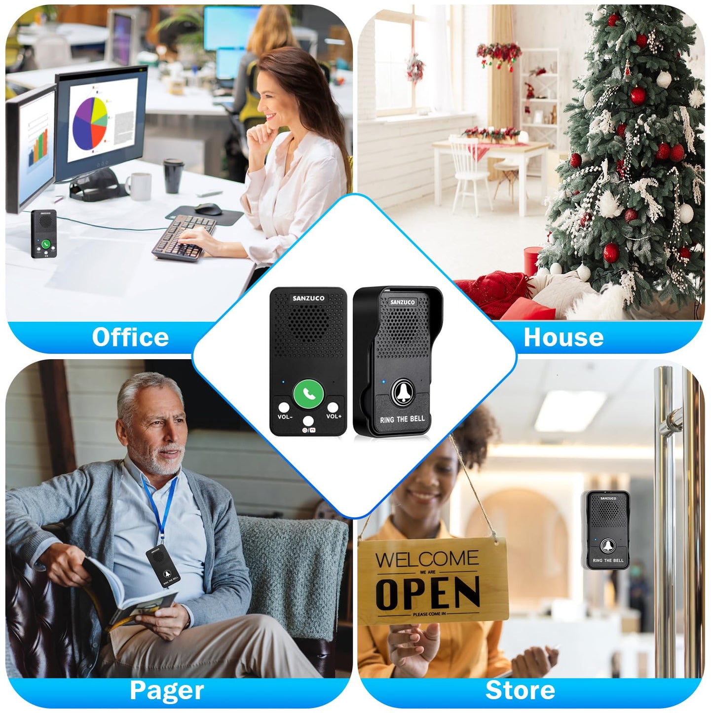 Wireless Doorbell, SANZUCO Doorbells Hands Free Communication, Full Duplex Waterproof Door Bell 1000 Feet Range Rechargeable with 4 Melodies, 8 Volume Levels, 2 Receiver + 2 Transmitter, Black