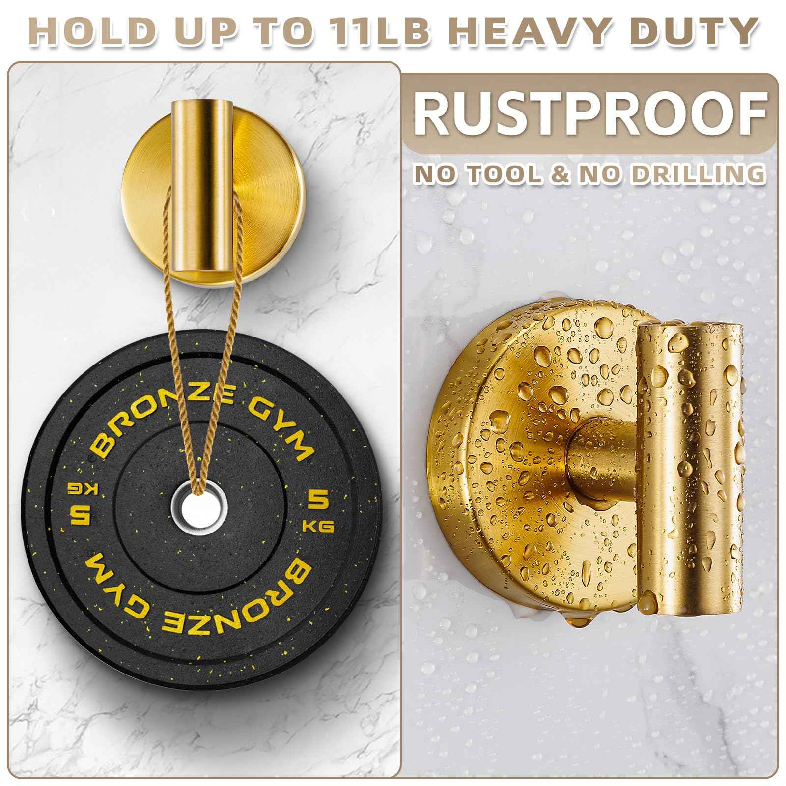 Fenas Suction Cup Hooks for Shower - Bathroom Reusable Hooks for Towels, Robes & Loofah - No-Drill Mounting on Kitchen,Walls,Metal,Glass,Mirrors,Tile & Smooth Non-Porous Surfaces (2, Brushed Gold)