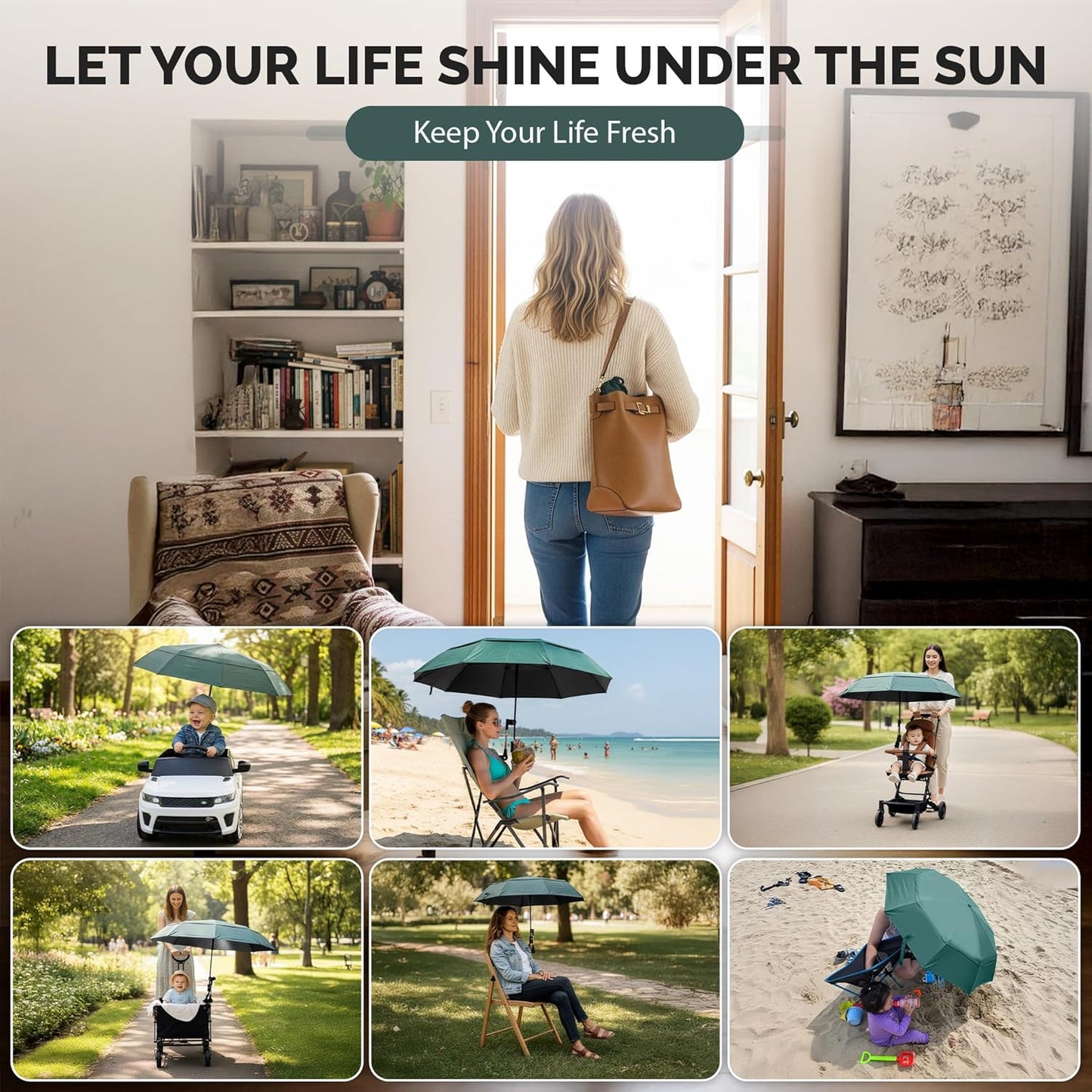 Universal Adjustable Clamp Beach Chair Umbrella by [Brand Name] - Lightweight Portable Sunshade for Strollers, Pools, and Camping (Dark Green)