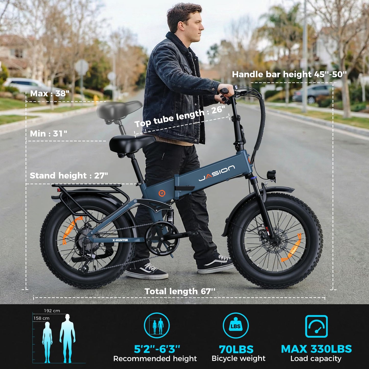 Jasion X-Hunter Foldable Electric Bike, 1400W Peak Motor, 30MPH Max Speed 70+ Miles, 48V 13AH Removable Battery, Full Suspension System, 20''*4.0 Fat Tire Ebike For Adults, 7-Speed Bicycle with Basket