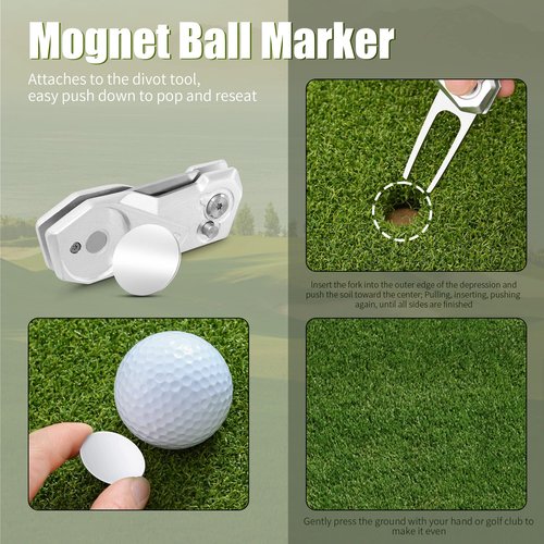 Mile High Life 4 Pieces Golf Divot Repair Tool w Magnetic Golf Ball Marker | All Metal Foldable Divot Tool w Pop-up Button | Golf Accessories for Men