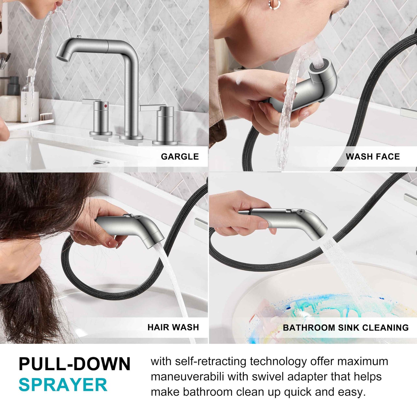 KENES Widespread Bathroom Faucet with Sprayer, Brushed Nickel Bathroom Sink Faucet with Pull Down Sprayer, 8 Inch 3 Hole Pull Out Bathroom Faucet with Pop Up Drain & Supply Lines LJ-9058A