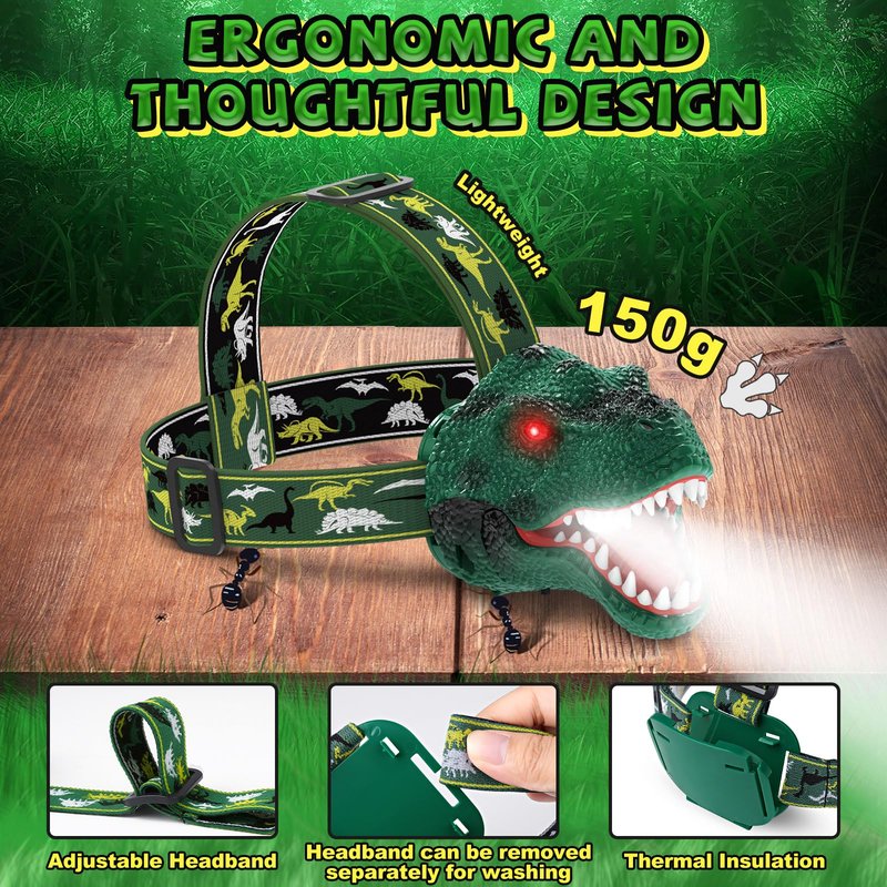 Nitigo Dinosaur Headlamp for Kids Flashlight Rechargeable Led Dino Head Lamp Roar & Silent Mode, T-Rex Dinosaur Toys for Kids 3 4 5 6 7 8, Camping Gear, Easter Gifts for Boys Girls Adults