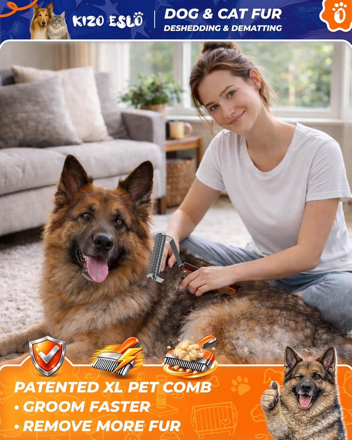 Skiennix Extra Large 2-Sided Undercoat Rake - Gentle Grooming Brush for Dogs & Cats | Premium Wooden Handle