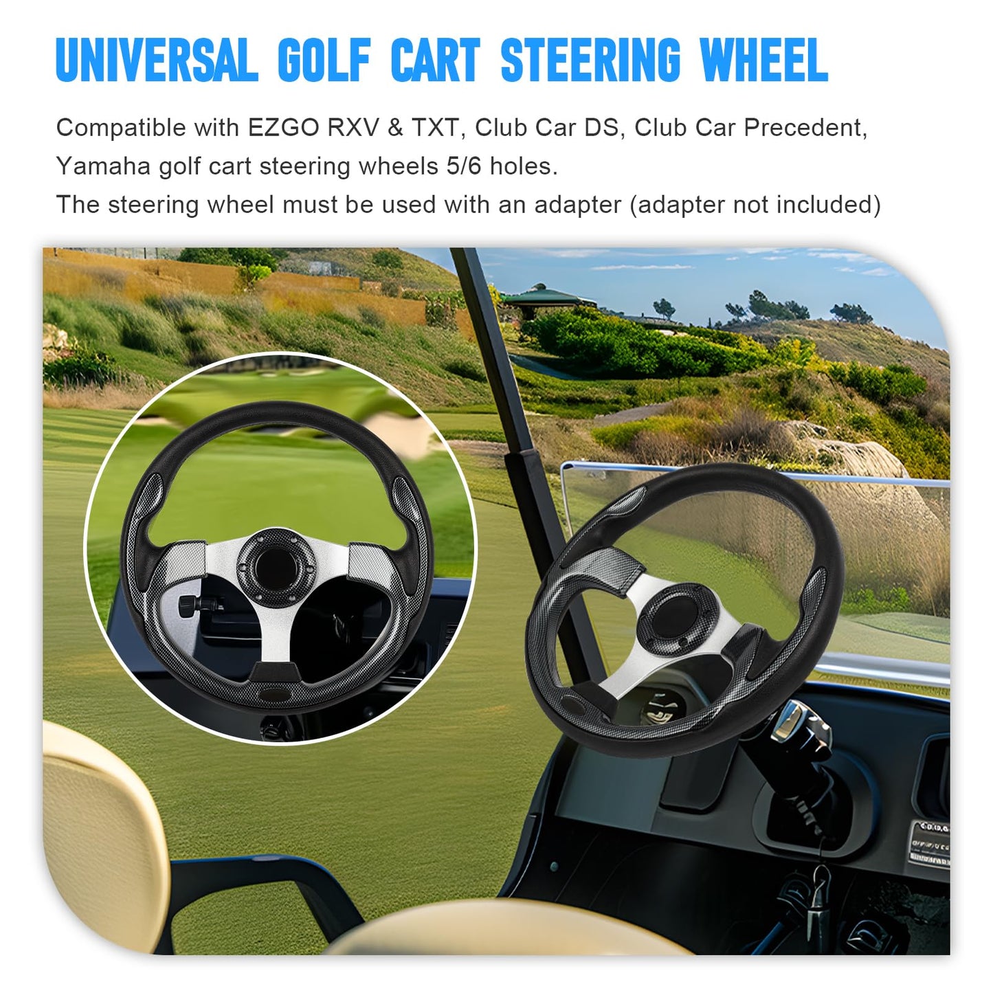 Universal Golf Cart Steering Wheel, 6 Bolt Aluminum Frame Golf Steering Wheel 12.5" PVC Vinyl Leather, Fit For Club Car DS & Precedent, EZGO TXT & RXV, Yamaha Most Golf Cart Model