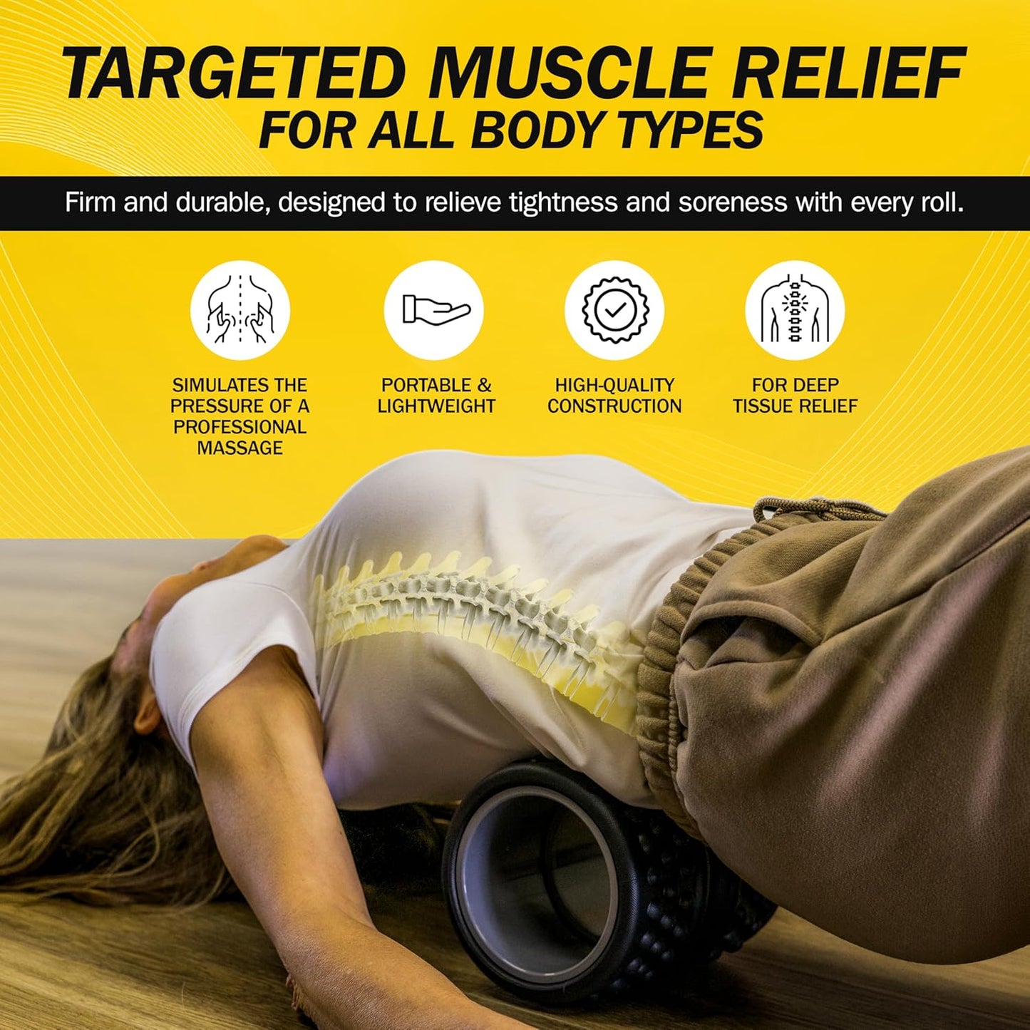 Rolflex SpineAline Back Roller - Ergonomic Deep Tissue Massage Tool for Spine Alignment - Supports 300 lbs - Black