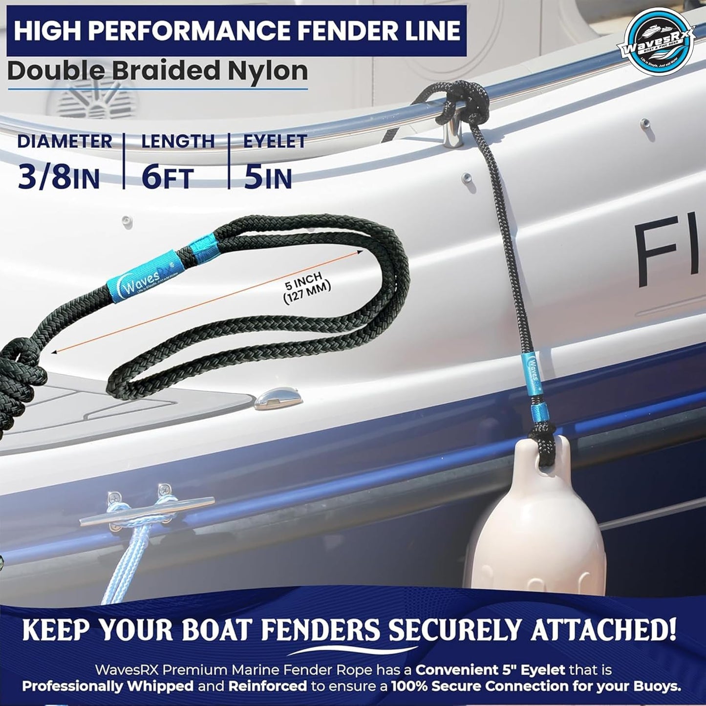 WavesRx Premium Fender Line - 3/8'' x 6' Double Braided Nylon Dock Lines (4 Pack) | Ideal for Boats & Pontoons