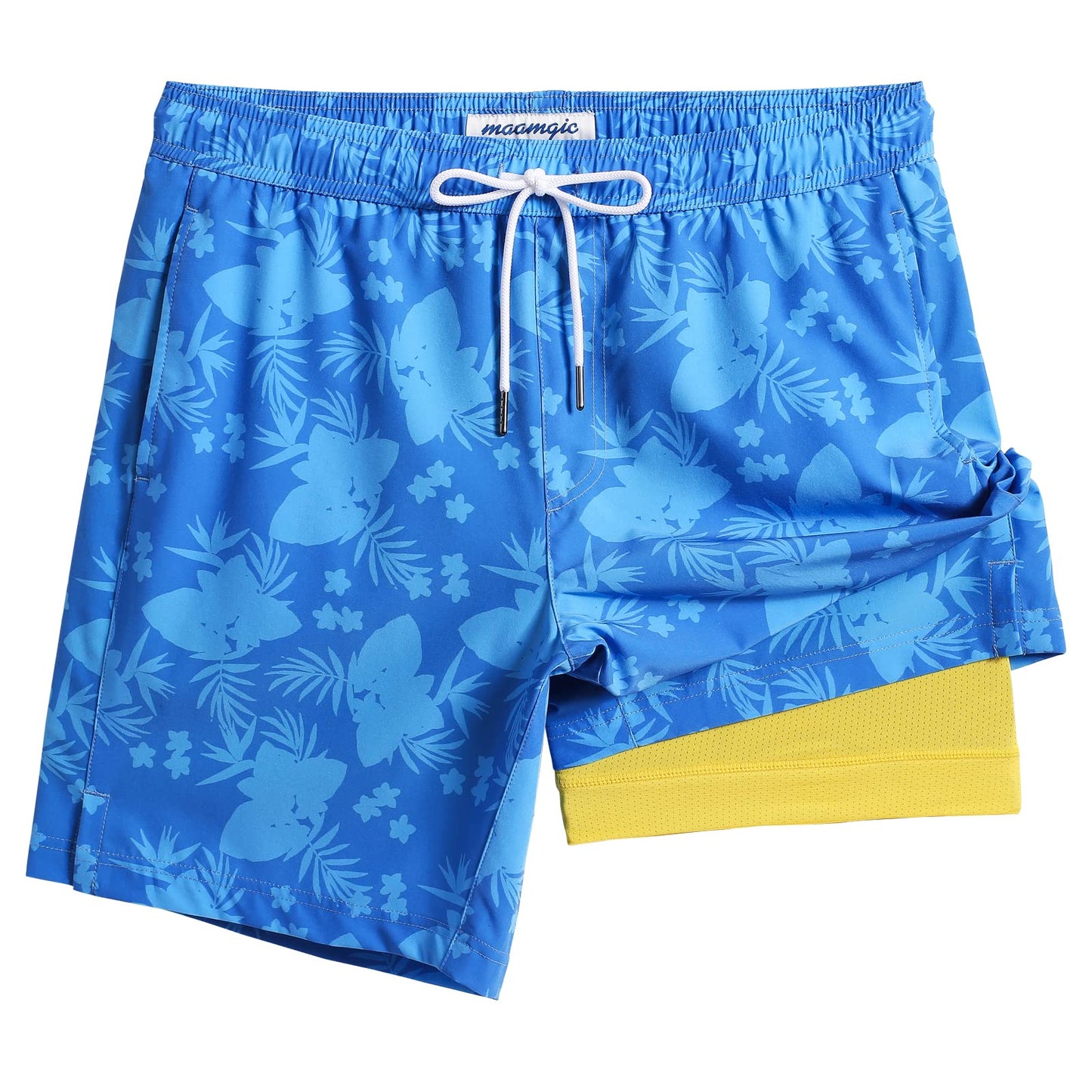 maamgic Mens Swim Trunks with Compression Liner 7 Inch Inseam Mens Bathing Suit Quick Dry Swimming Trunks Swimsuit Flower Blue Yellow Small