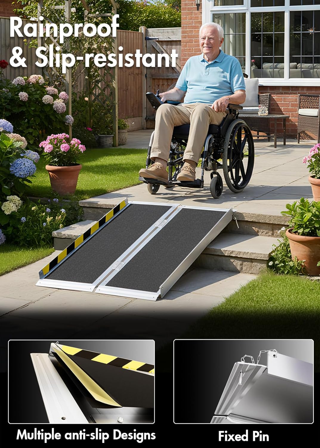 Skiennix Portable Wheelchair Ramp - 3FT Non-Slip Folding Aluminum Threshold Ramp | Supports Up to 800lbs
