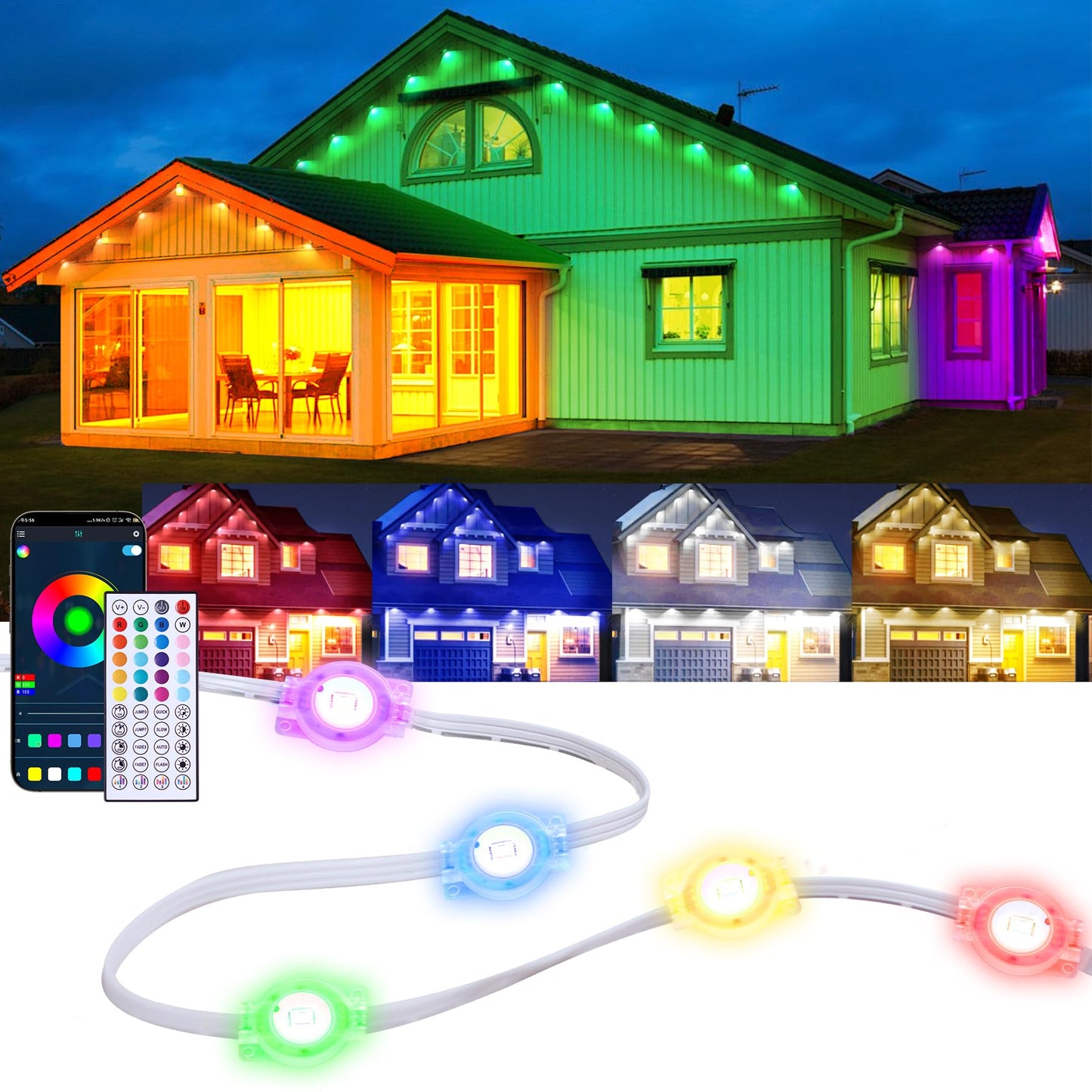 100ft Dynamic Smart RGB LED Permanent String Lights App Remote Color Sync Waterproof Outside House Lights Outdoor Transform Backyard Parties Patio Nights Holiday Magic Festive Glow Instantly