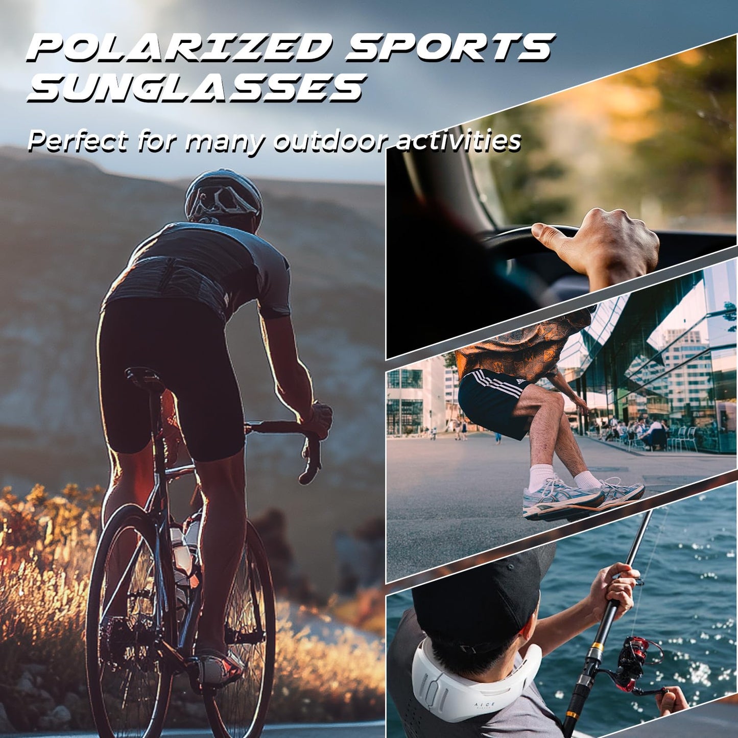 SUNGAIT Wrap Around Polarized Sport Sunglasses for Men Womens Lightweight Rectangle Cycling Running (Bright Black Frame/Grey Lens)
