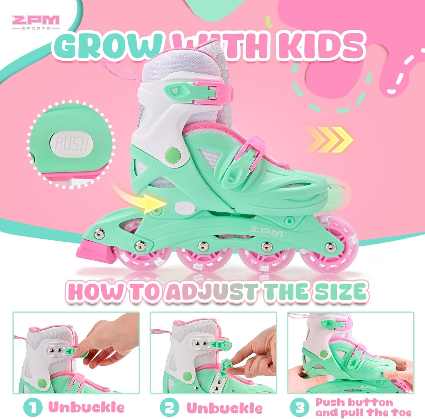 2PM SPORTS Inline Skates - Adjustable Light-Up Roller Skates for Kids Ages 4-12 | Perfect for Beginners