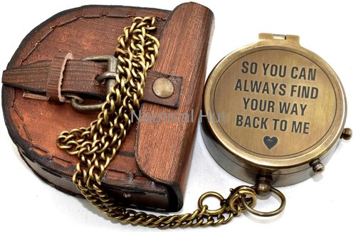 So You Can Always Find Your Way Back Home Engraved Brass Compass with Premium Leather Case & Chain - Brass Pocket Compass - Personalized Compass Gift for Hiking,Husband, Him, Her,Son, Graduation Day