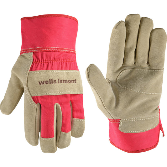 Wells Lamont Women's Heavy Duty Leather Palm Work Gloves with Safety Cuff, Pink, Medium (4113M-800)