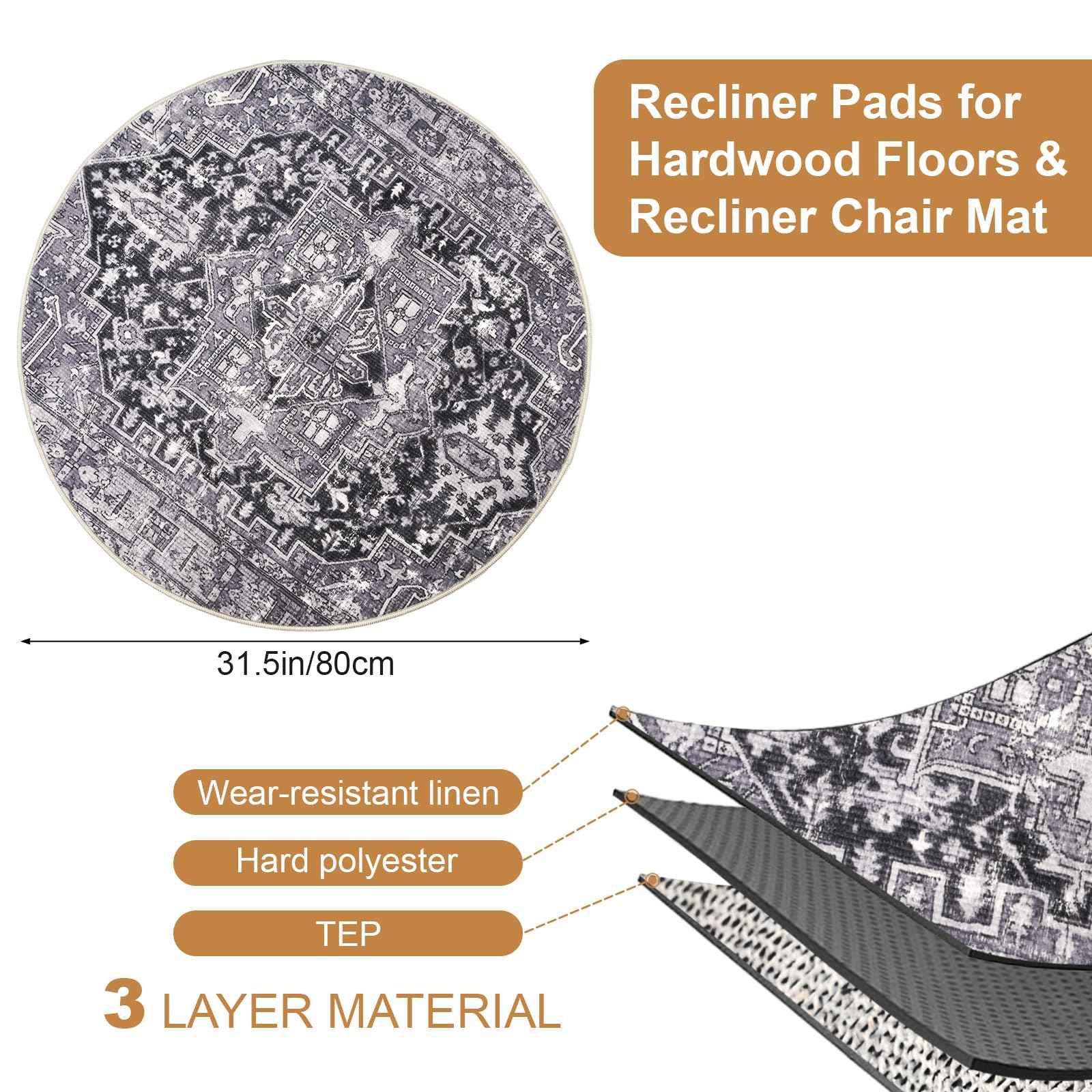 Recliner Pads for Hardwood Floors, Rocking Chair Floor Protectors, Non-Skid Furniture Gripper Small Circle Rug for Recliners, 31.5inch Diameter Low Pile Heavy Duty Non Slip Multi-Purpose Rug