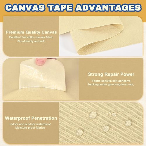 Canvas Repair Tape - 3.2 x 63 Inch Waterproof Heavy-Duty Fabric Tape for Furniture & Outdoor Use | Khaki