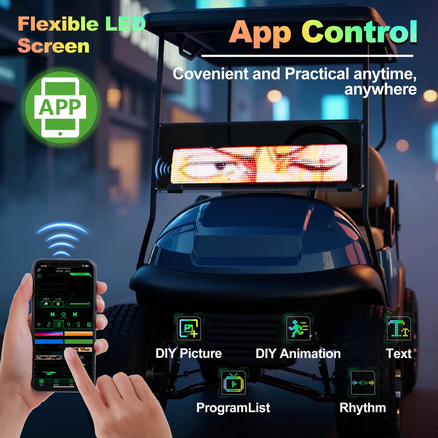 10L0L Golf Cart Devil Eyes Light Sign, 23x5in Programmable Flexible LED Screen for Windshield with App & Remote Control, High-Brightness Animated Scrolling Electra Eyes for Yamaha/EZGO/Club Car 1981-up