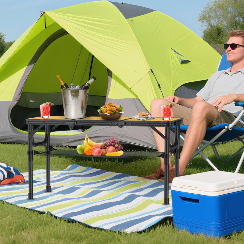 Anbte 3ft Camping Table Foldable with Storage Net and Bag, 3 Adjustable Heights High 27.5" Aluminum Camping Table Portable, for Outdoor Indoor Backyard BBQ Cooking Party Picnic Beach, Light Oak Grain