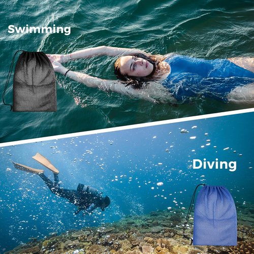 4Pcs Mesh Gear Bag - Large 19" x 27" Polyester Snorkel Backpack for Wetsuits & Swim Gear | Black & Blue