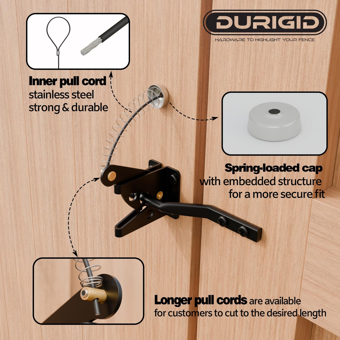 DURIGID Self Closing Fence Gate Latches with Spring Cable, Fingertip Release Gate Latch for Wooden Fence, Vinyl Door, Aluminum Gate, 1 Pack, Black