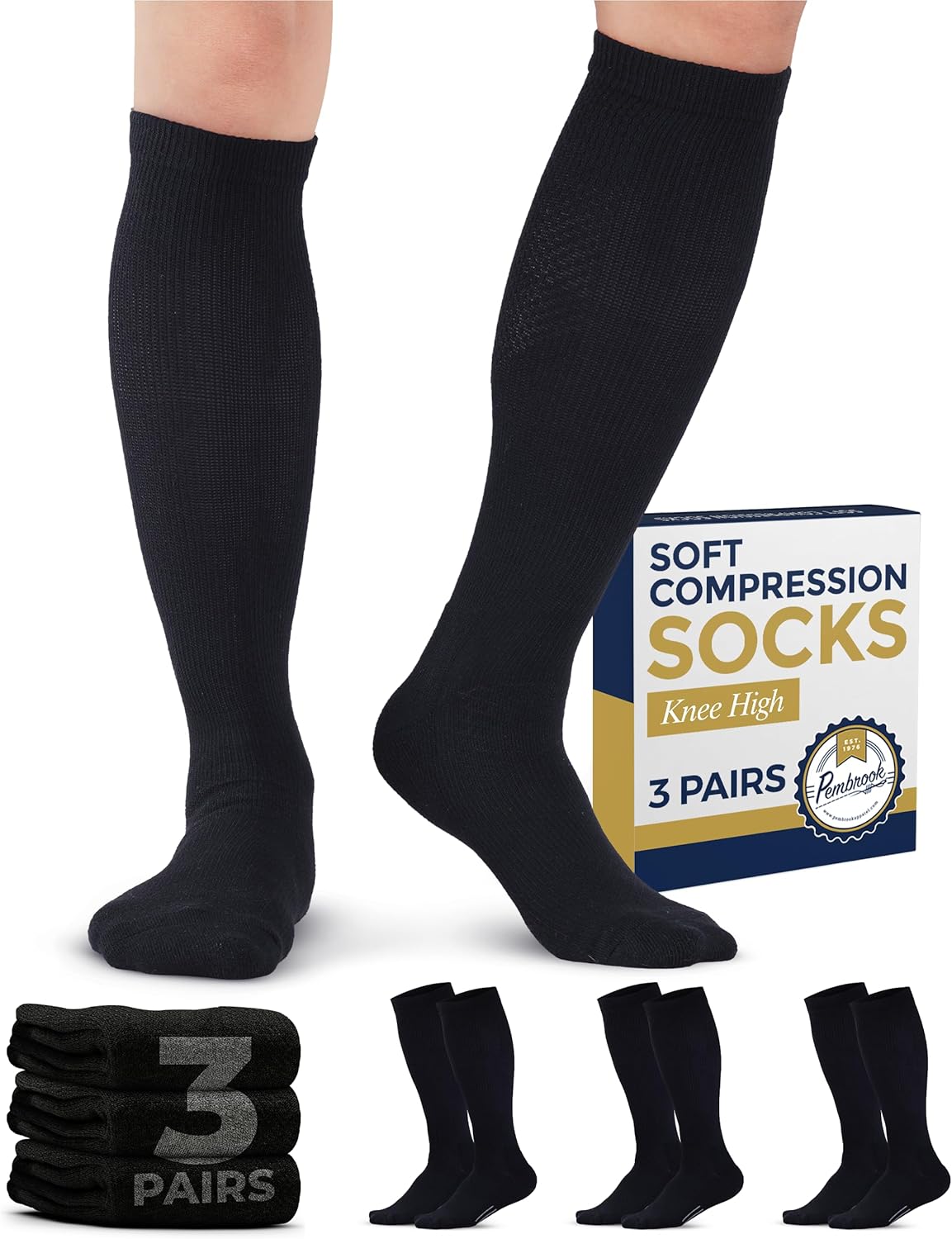 Pembrook Compression Socks - Light Support for Men & Women | 8-15 mmHg | 3 Pairs
