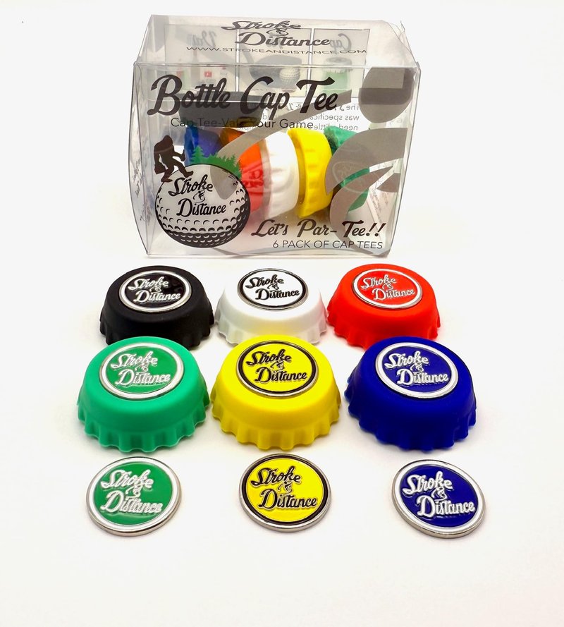 Stroke & Distance Golfers' Spill-Proof Bottle Cap Tee and Magnetic Ball Marker Variety Pack, 6-Pack, Multi-Color