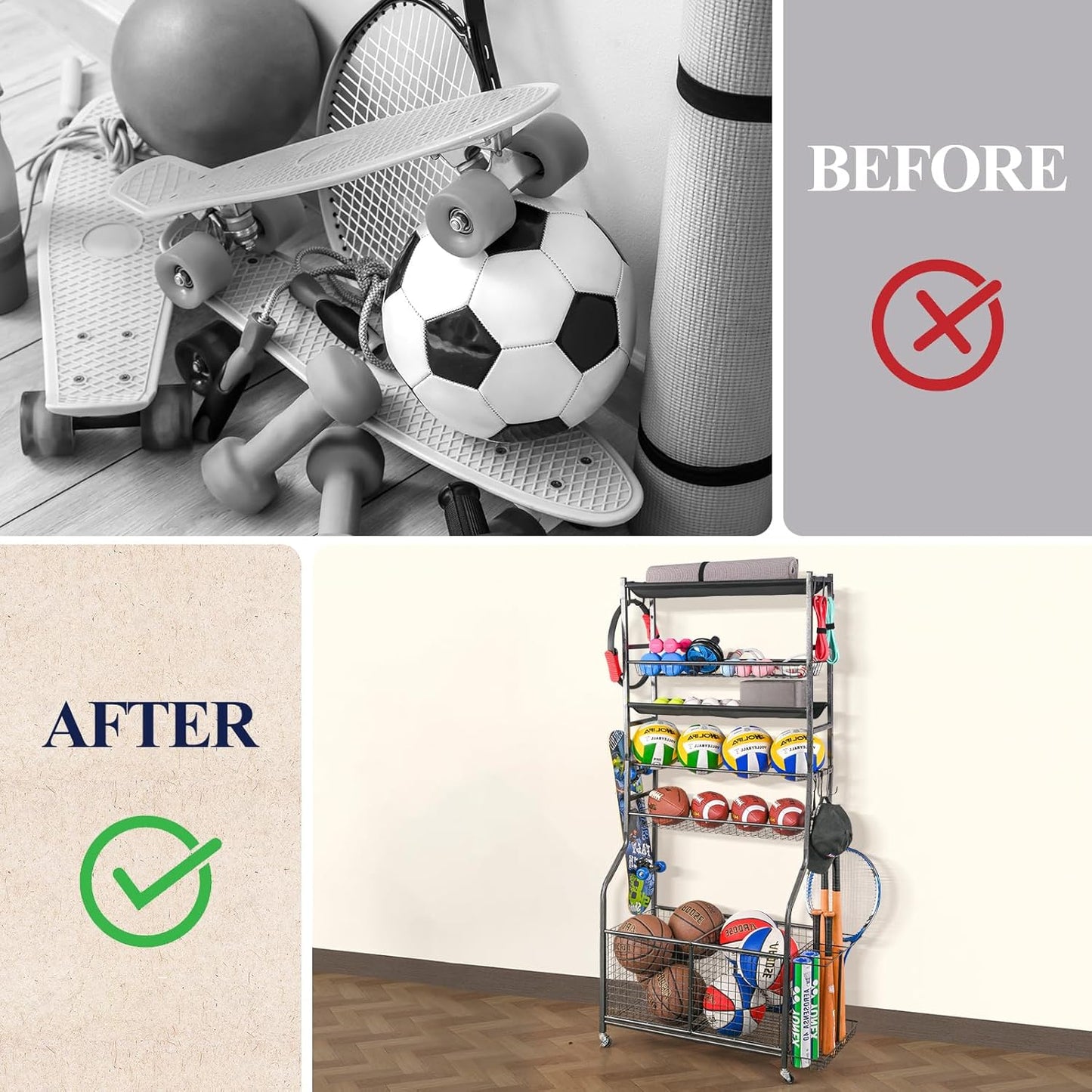Mythinglogic Garage Ball Storage Organizer - Rolling Sports Equipment Cart with Wheels for Indoor/Outdoor Use
