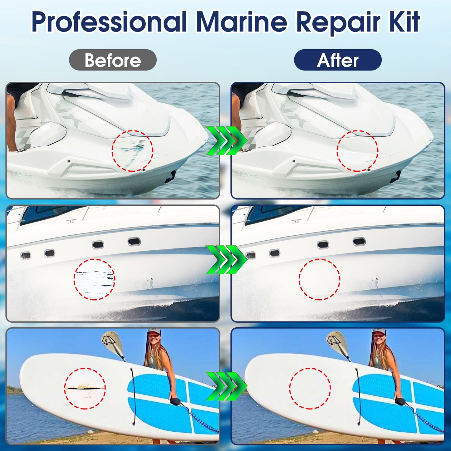 MOSAMNI Gel Coat Repair Kit for Boats (Color Match), Marine Fiberglass Gelcoat Repair Kit for Boats Fixes Holes Chips Pits Cracks Dents Scratches on Fiberglass, Acrylic, Porcelain