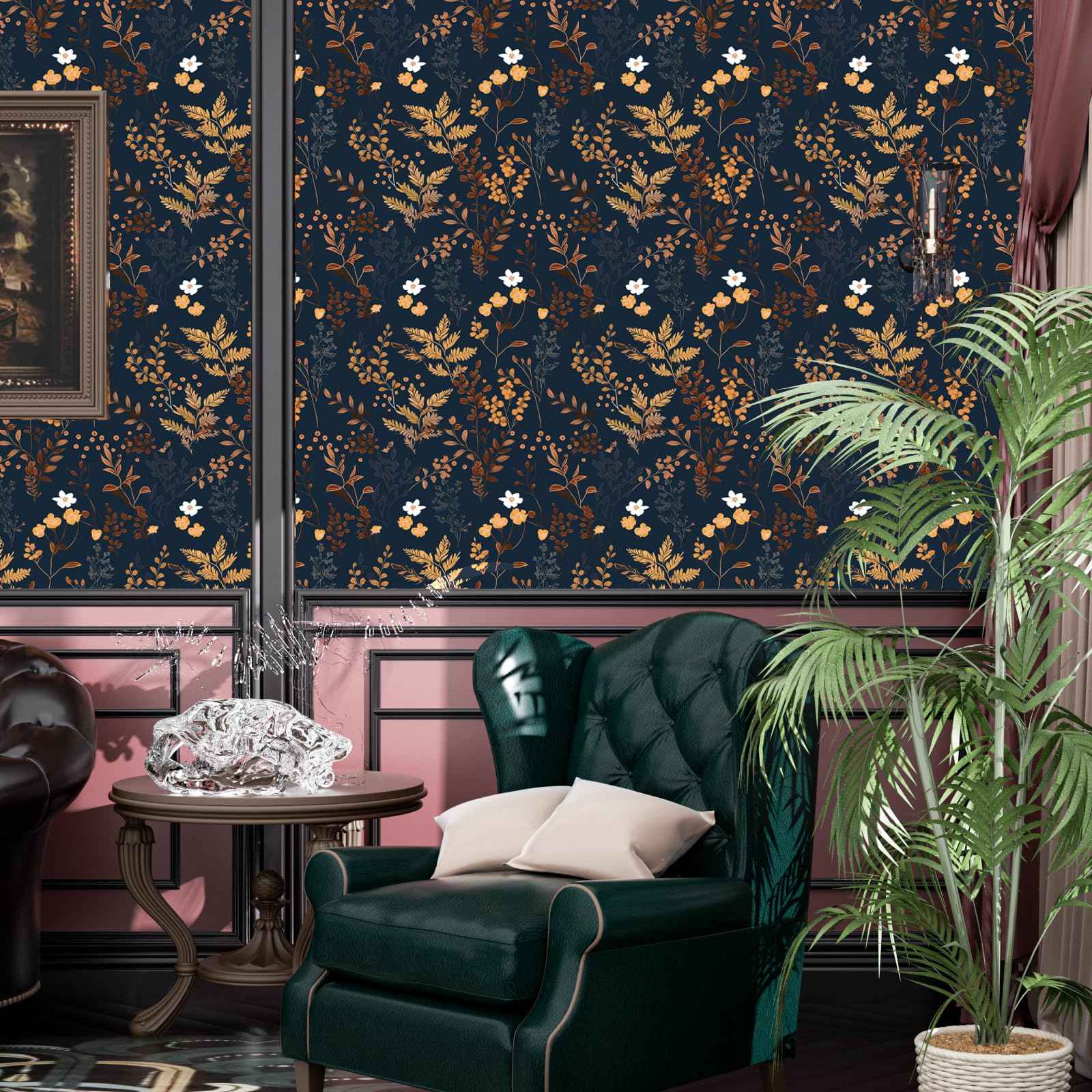 XRUIBZI Dark Blue Floral Wallpaper Peel and Stick Wallpaper Leaf Wallpapers Gold Leaf Contact Paper for Cabinets Waterproof Self Adhesive Wall Paper for Kitchen Countertop Wall 17.5" x 118"