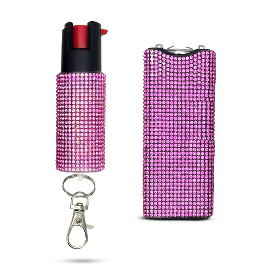 FURY Gem Stone Pepper Spray Stun Gun Combo - Stylish Multi-Color, 12ft Range, UV Dye Identifier, Flashlight, Rechargeable, Self-Defense Kit, Personal Safety, (Pink)