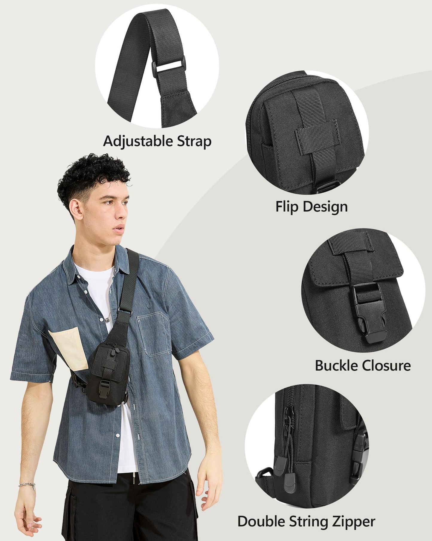 Peicees Small Sling Bag for Men, Tactical Inspired Waterproof Utility EDC Mini Crossbody Chest Bag for Travel Work Sport, Canvas Black