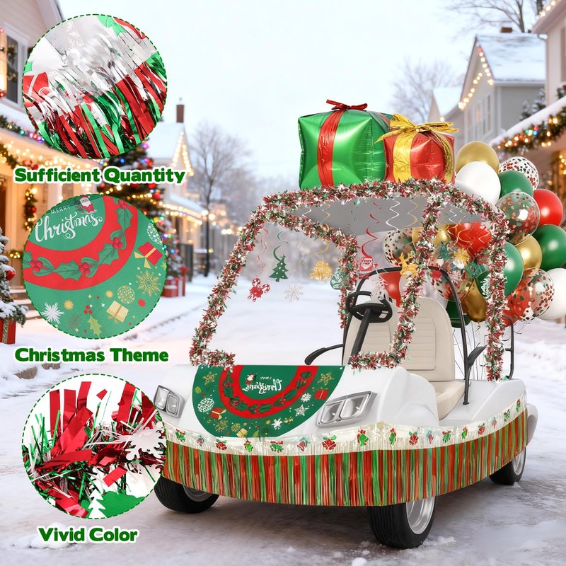 53Pcs Christmas Parade Golf Cart Decoration Set Include Christmas Banner Xmas Snowflake Garland Gift Wrap Xmas Spiral Decorations Balloons for Golf Cart Decor