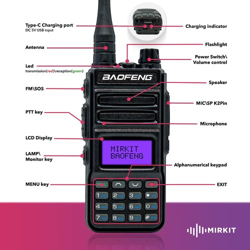 Mirkit 2хTP8PRO Baofeng Two Way Radio Long Range 8W - Walkie Talkies with USB Type-C Charging Accessories: Battery 1800mAh, FTDI Baofeng Programming Cable, Lanyard VHF 144-148/UHF 420-450