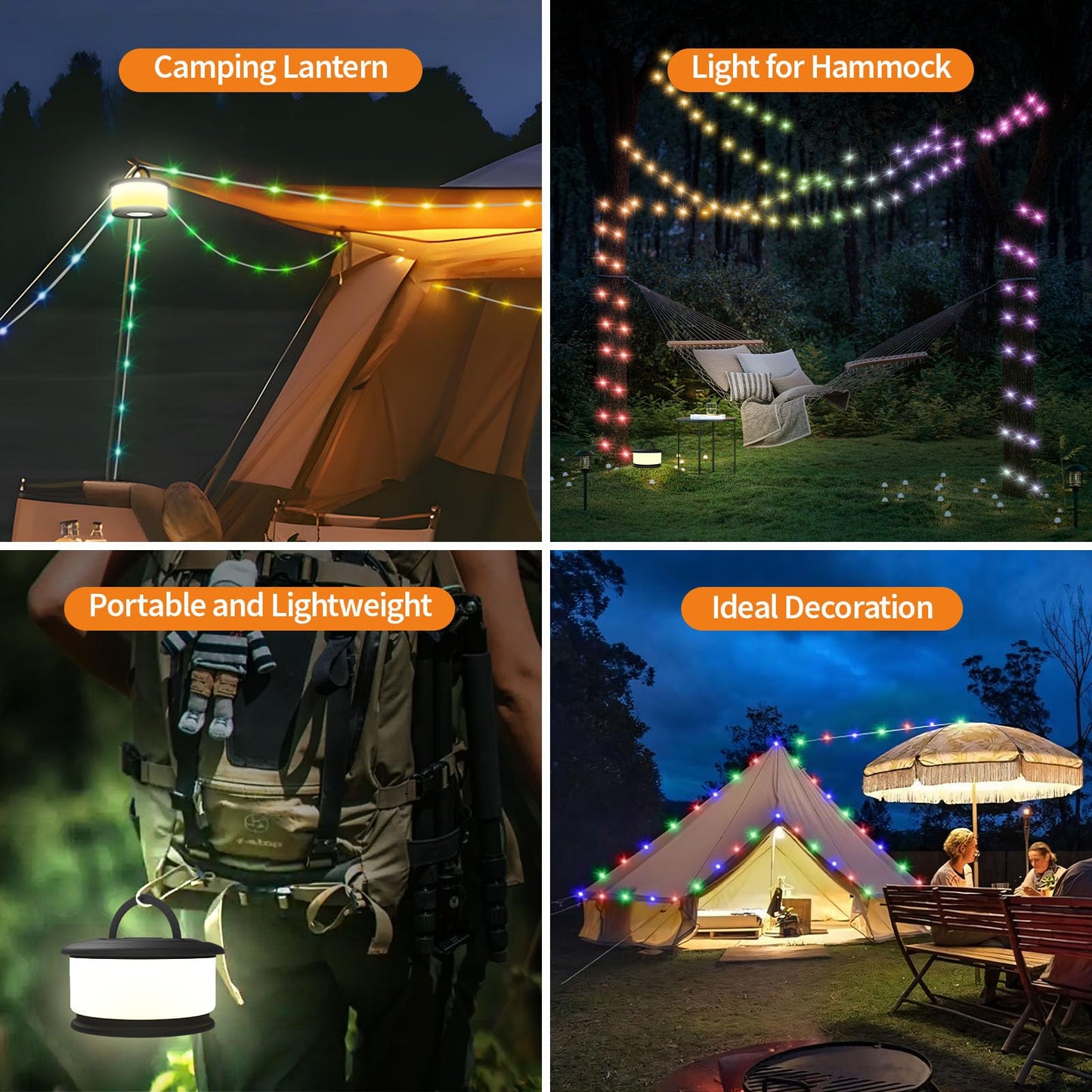 TOHETO Camping String Lights, 3 in 1 Upgraded Retractable RGB Outdoor String Lights with 19 Lighting Modes, Quick 30s Recovery, 32.8 FT Portable Tent Lights, Rechargeable Camping Lantern (Black)