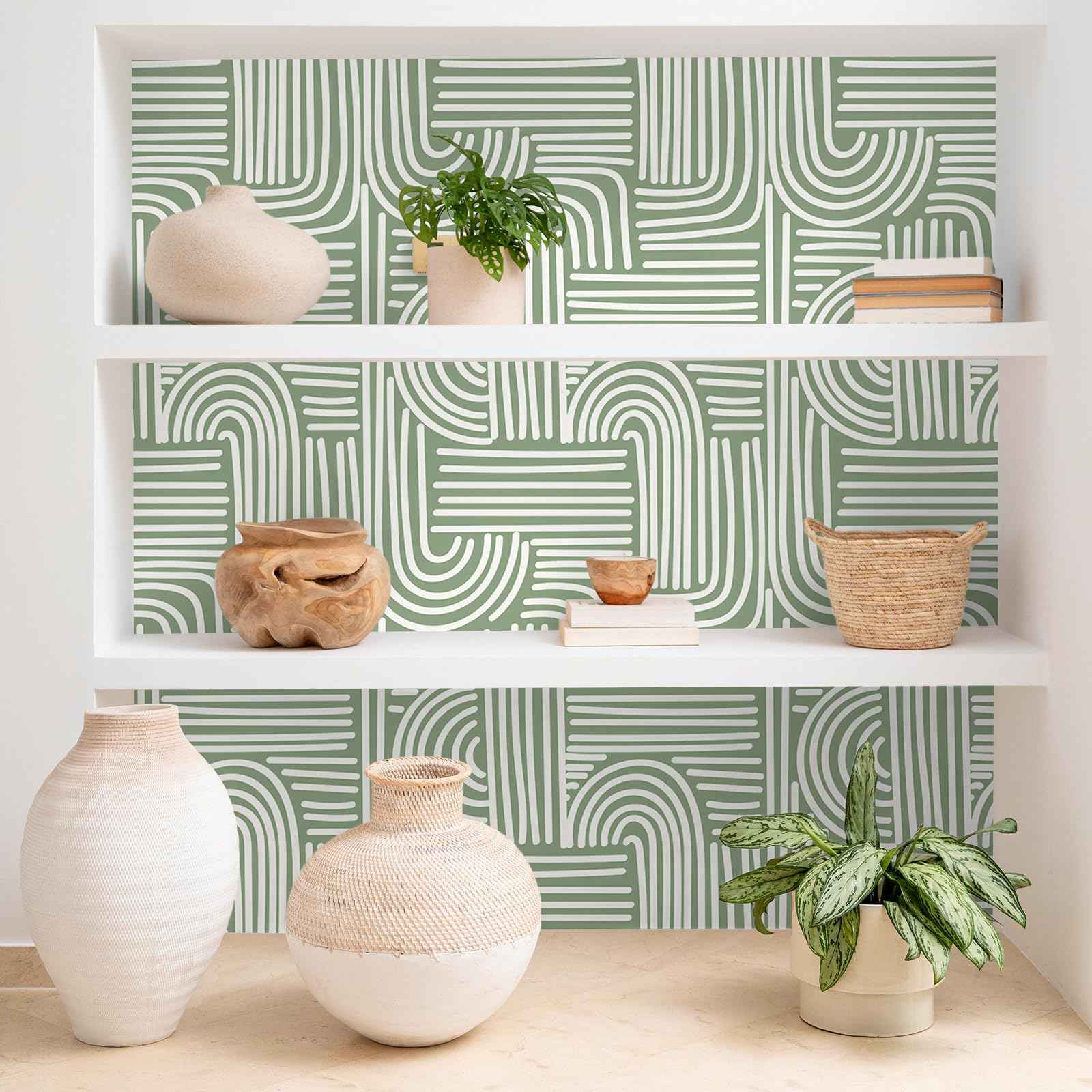 VEELIKE Sage Green Geometric Peel and Stick Wallpaper Boho Abstract Geometric Wallpaper for Bedroom Bathroom Accent Wall 17.7''x118'' Removable Art Deco Wall Paper Green Contact Paper for Cabinets