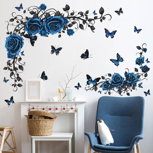 Removable Blue Floral Rose Wall Decor 3D Peel and Stick Flower Vine Black Plants Vines Leaf Wall Stickers Flying Butterfly Wall Decals for Kids Girls Baby Bedroom Nursery Living Room (Blue)