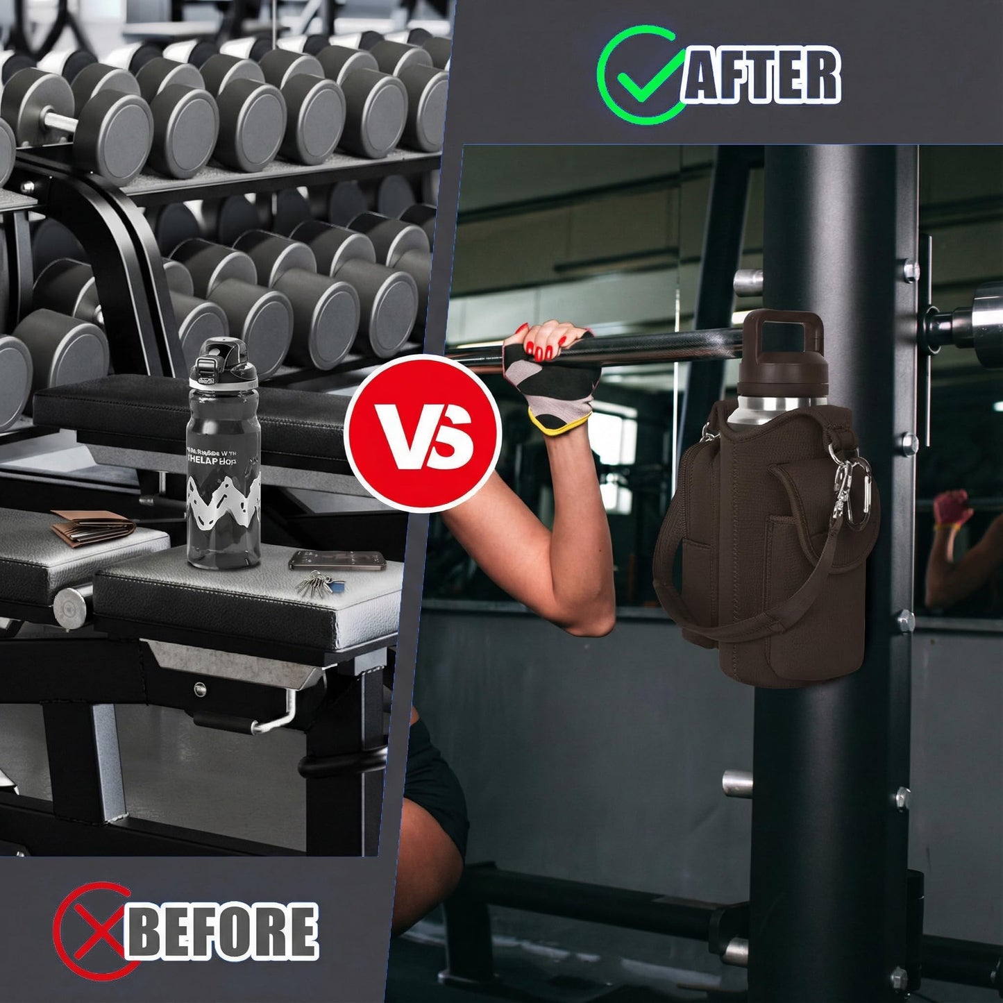 icolor Magnetic Gym Bag Water Bottle Carrier Holder with Phone Pockets & Shoulder Strap,Gym Magnetic Bag 5 Built-in Magnets Gym Accessories Organizer Sling Bottle Bag Pouch Sleeve (Neoprene, Brown)