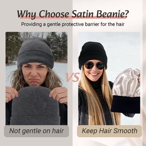 PFFY 2 Packs Satin Lined Beanie for Women Winter Hats Warm Soft Knitted Cuffed Silk Line Skull Cap Black+Black