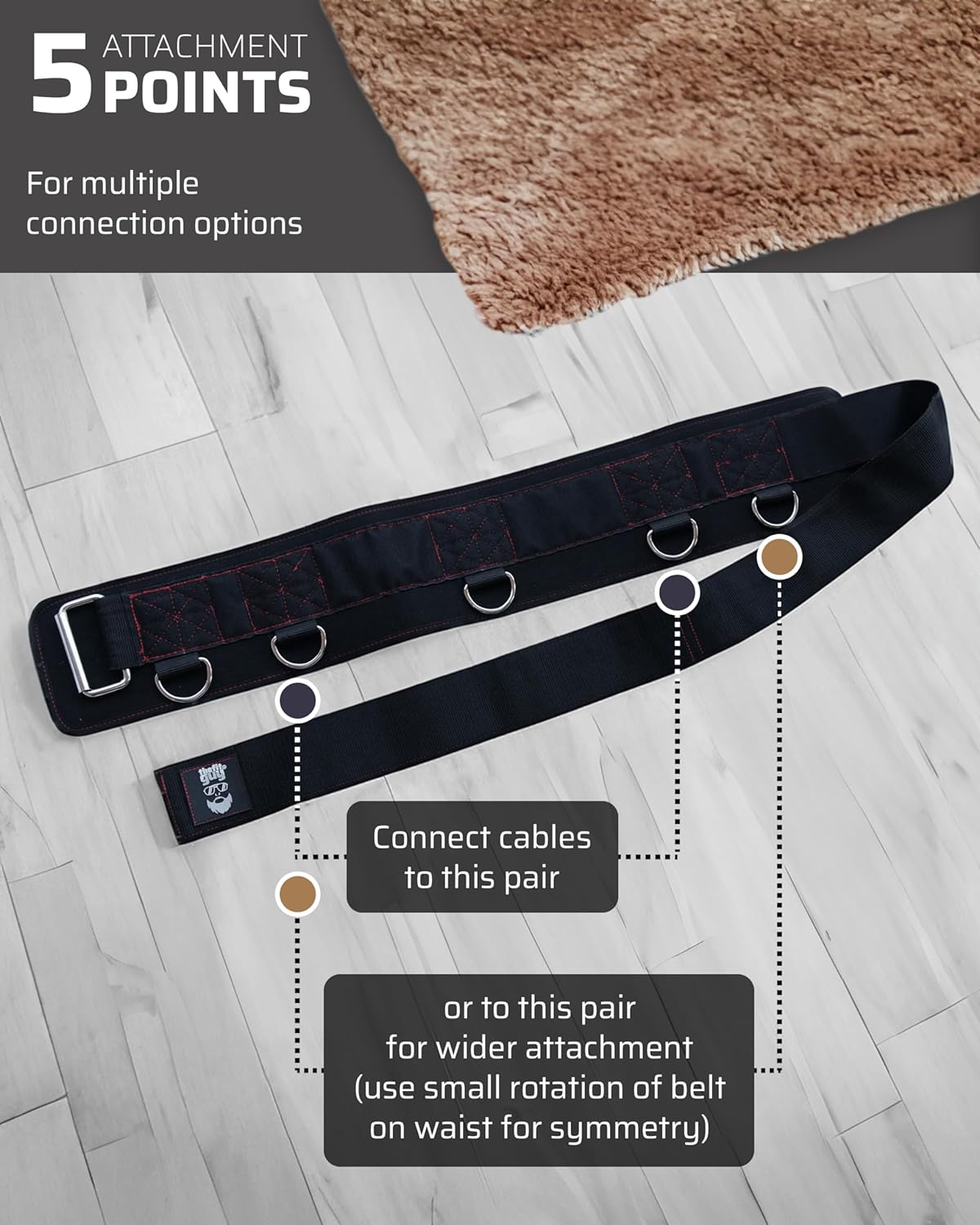 THEFITGUY Multi-Attachment Cable Machine Belt - 5 Attachment Points for Optimal Weight Distribution | Includes 2 Straps (40” & 27”) & 3 Metal Snap Hooks