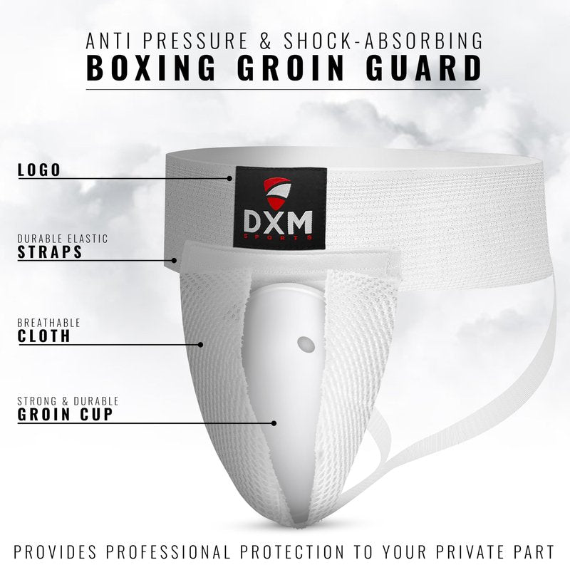 DXM SPORTS Boxing Groin Protector Men – Adjustable Groin Guard for Kickboxing, Taekwondo Sparring Gear, Muay Thai, Martial Arts Training (White, Medium)