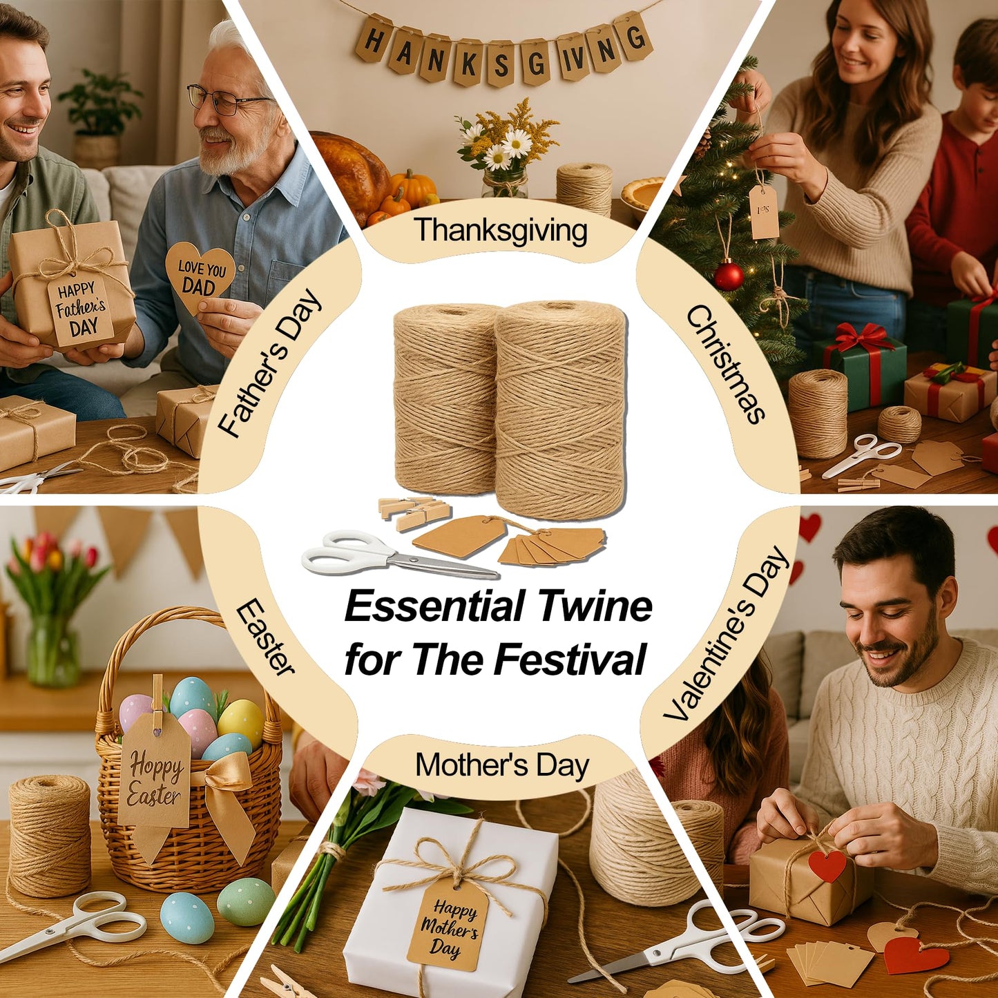 5 Pack Natural Twine String Suit : 2mm 1200 Feet Jute Twine Twisted from 3 Ply - String for Crafts Gardening Gift Wrapping Home Decor Knitting - Suitable for Handicraft and Gardening Enthusiasts