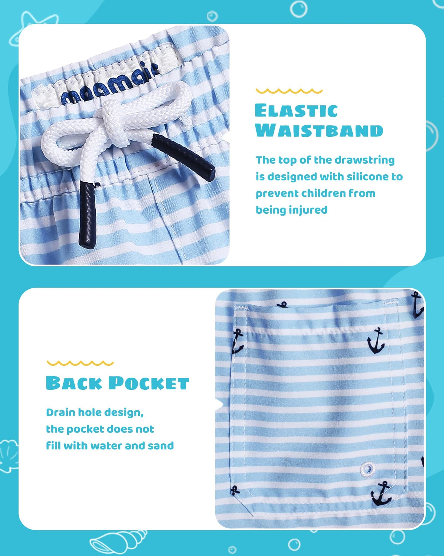 maamgic Boys Swim Trunks with Compression Liner Toddler Stretch Swim Shorts Quick Dry Swimming Trunks Boxer Brief 2 in 1 Beach Shorts White Blue Striped 10/12