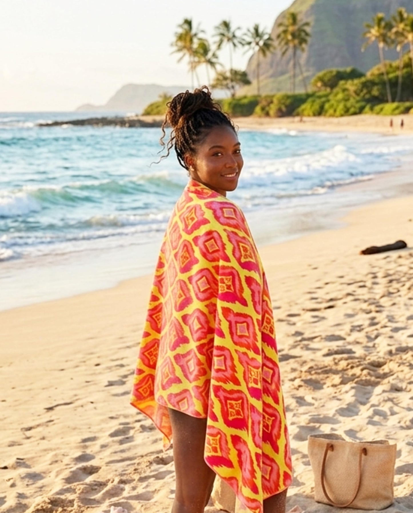 MintiMango Thin Microfiber Beach Towel Oversized 71X32 Lightweight, Quick Dry, Sand Free, High Absorbent, Compact, Pool, Gym, Camping, Cruise, Travel Towel, Beach Blanket, Carry Bag, Pink, Geometric