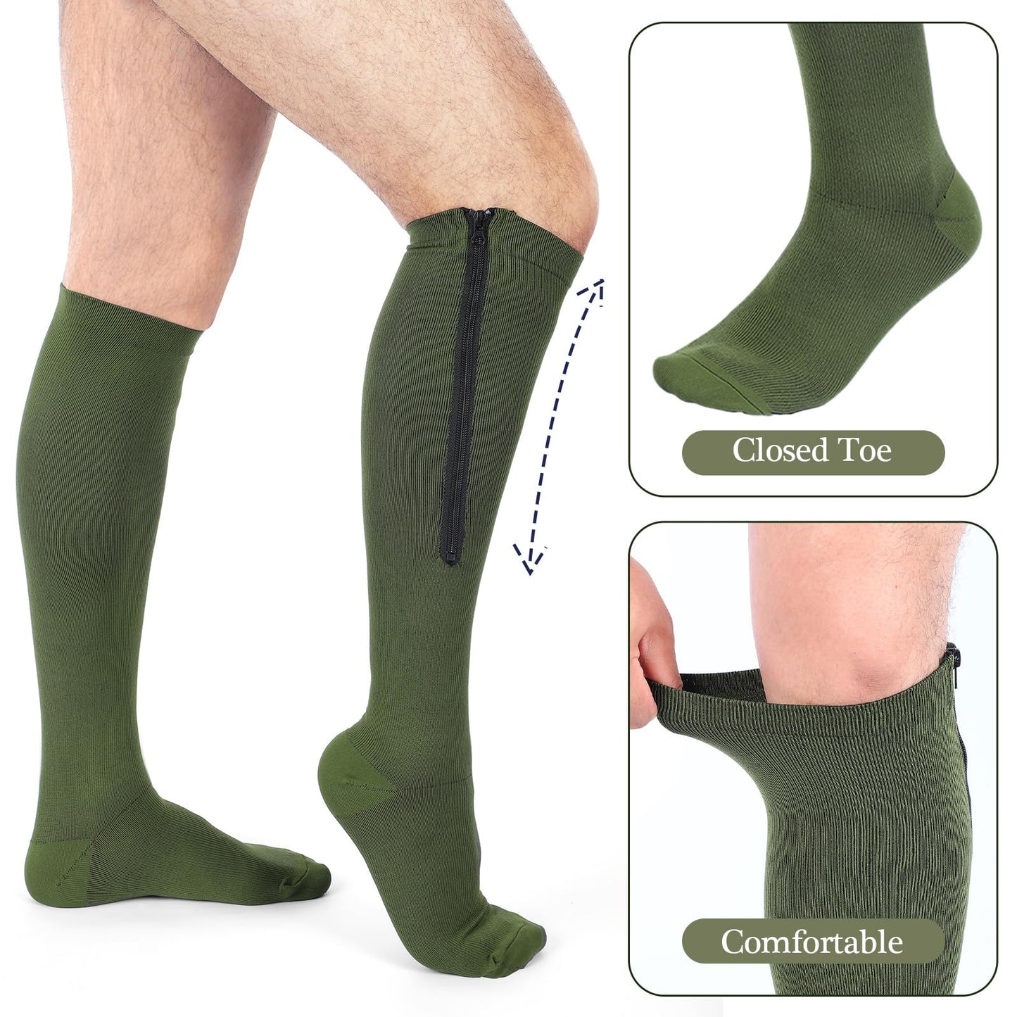 Tarpop 4 Pairs Men Zipper Compression Socks Colorful 20-30mmhg Compression Stockings with Zipper for Men Women Swelling Edema (Dark Color,L/XL)