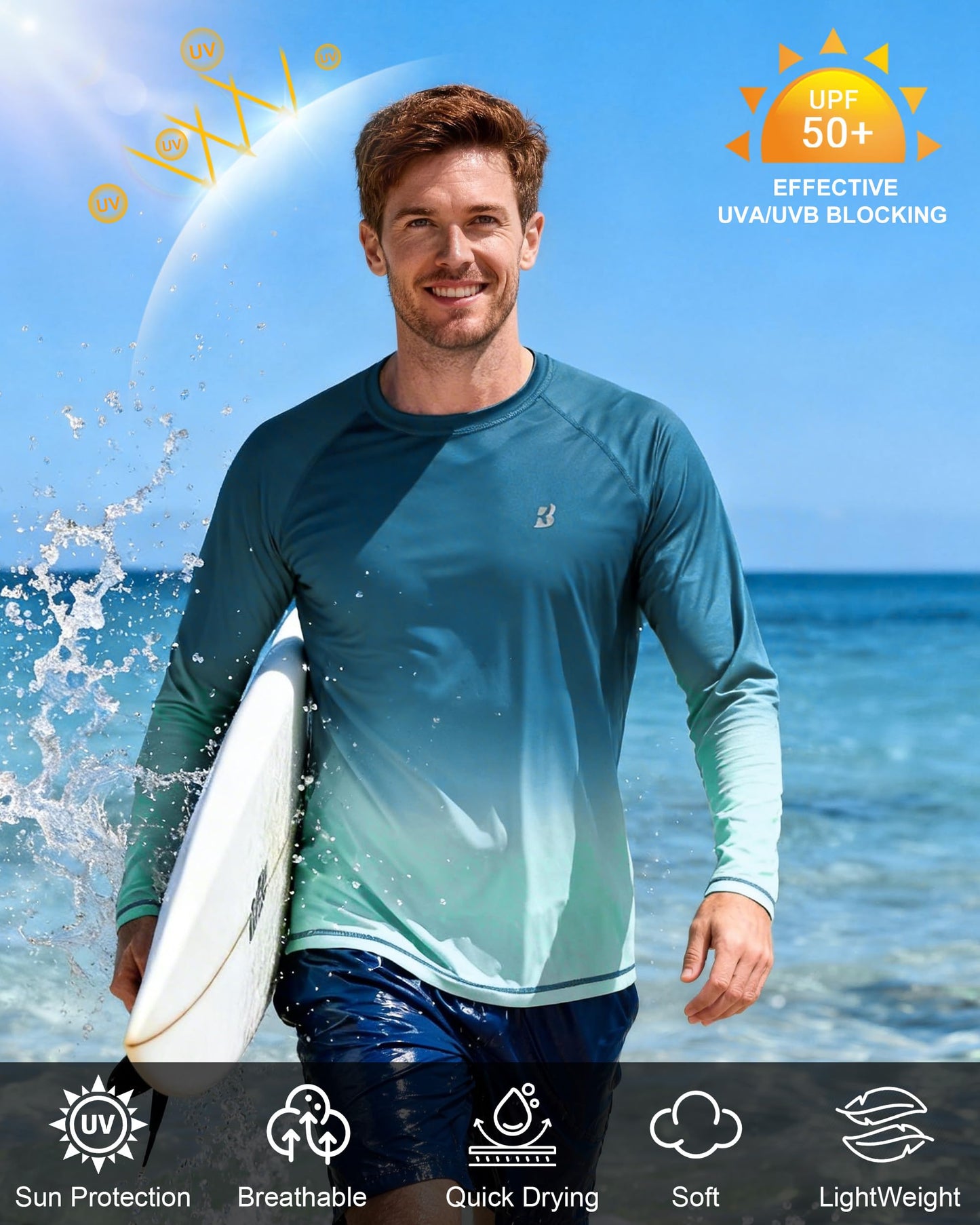 Roadbox Men's UPF 50+ Swim Rash Guard, Long Sleeve UV Sun Protection SPF Shirts, Quick Dry Lightweight Water T-Shirt for Diving Beach Surfing Fishing (L)