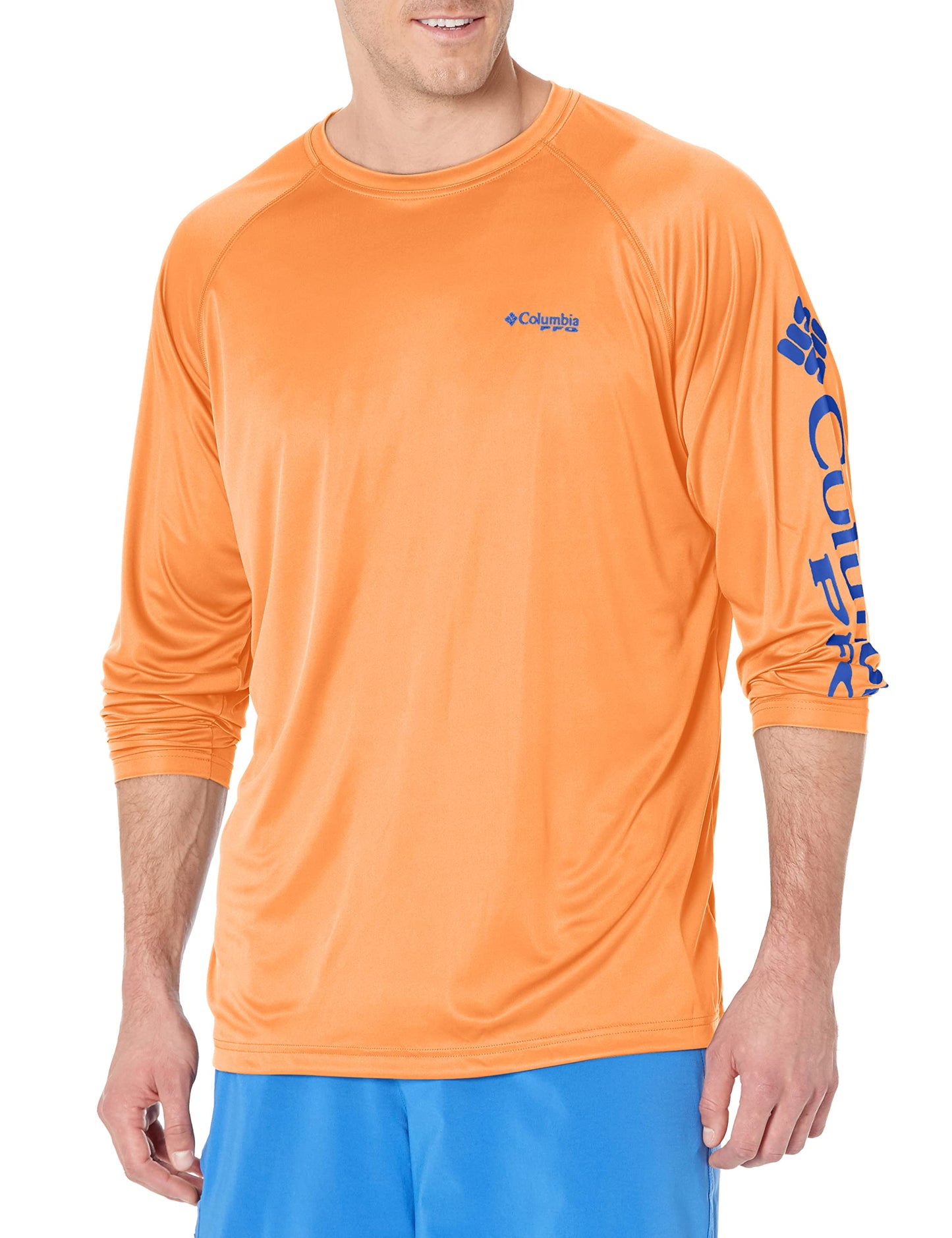 Columbia Men's PFG Terminal Tackle Long Sleeve Fishing Shirt, Bright Nectar/Vivid Blue Logo, X-Large Tall