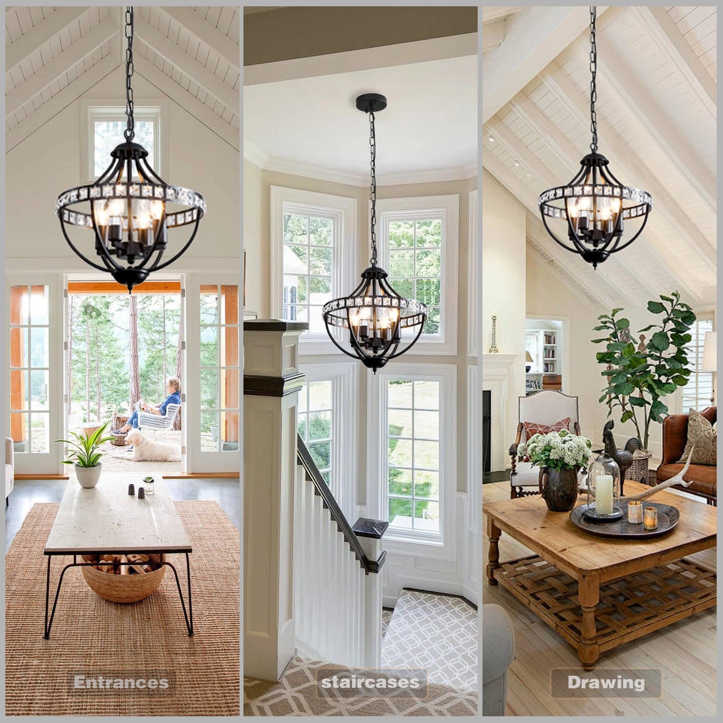 Threebro Crystal Chandeliers，Farmhouse Ceiling Chandelier Rustic Vintage Black Pendant Hanging Lighting for Dining Room Living Room Entryway Kitchen Island Bedroom Foyer Lighting（4-Light）