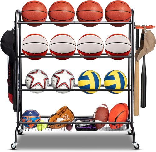 EXTCCT Basketball Rack - Rolling Training Stand with Wheels | Four-Layer Organizer for Basketballs, Footballs, Volleyballs